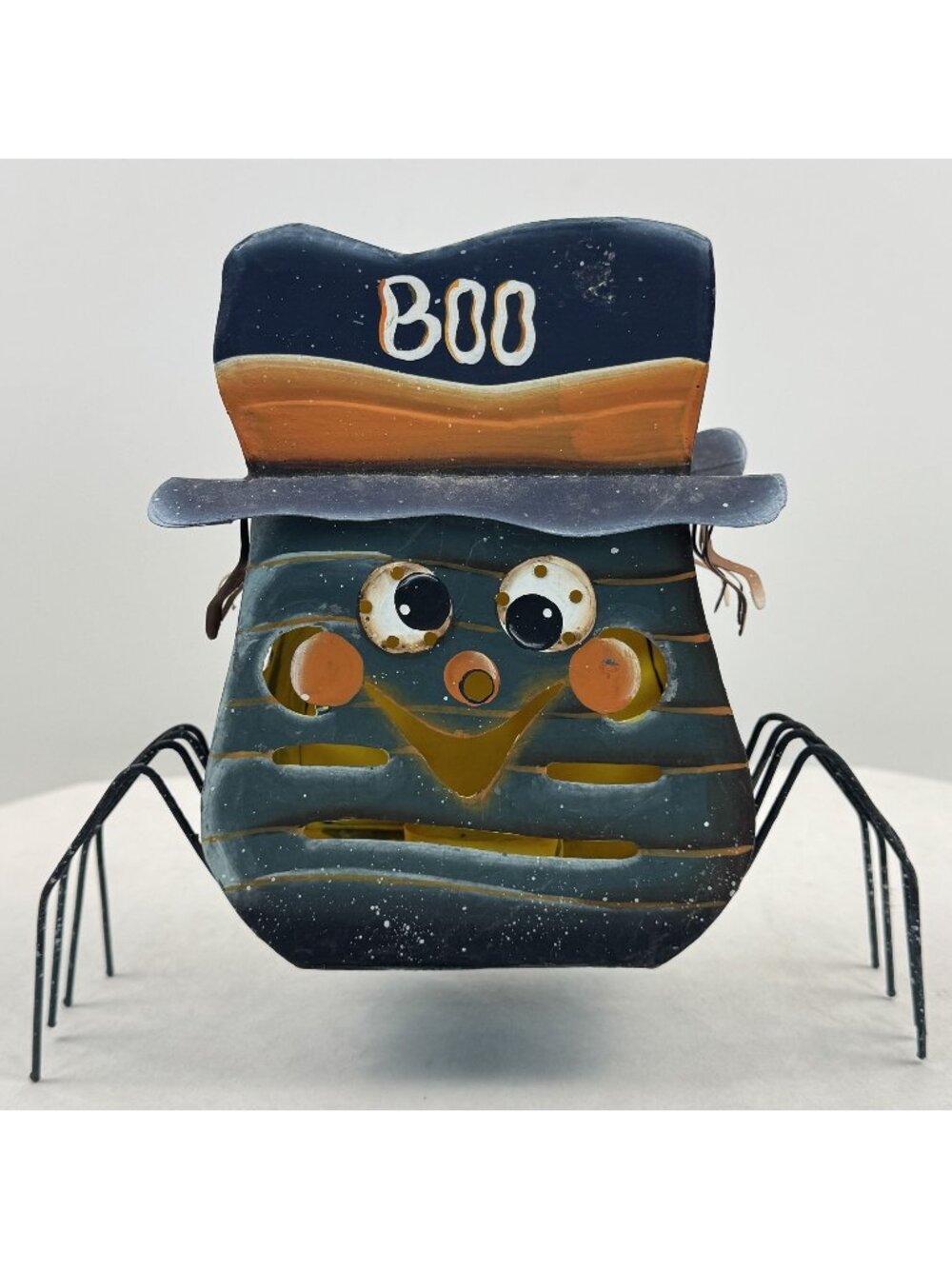 Metal Spider Tealight Candle Holder 9"x8" Halloween "Boo" Hat Spooky Glow Black